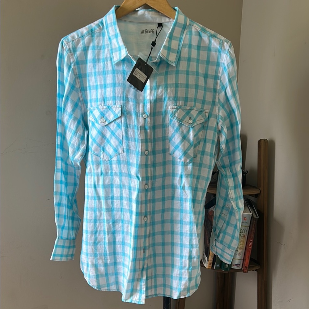 Raffi Men’s Linen Blue and White Casual Button Down Shirt  XL